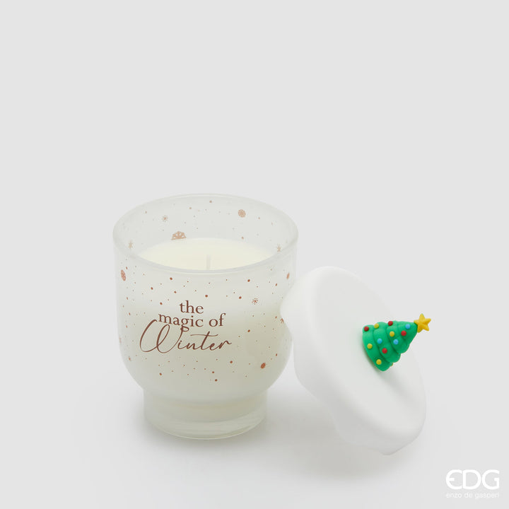Candela Snowy Greenwood H10 D9 con coperchio e scatola regalo
