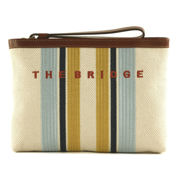 Pochette in canvas ricamata con riporti in cuoio